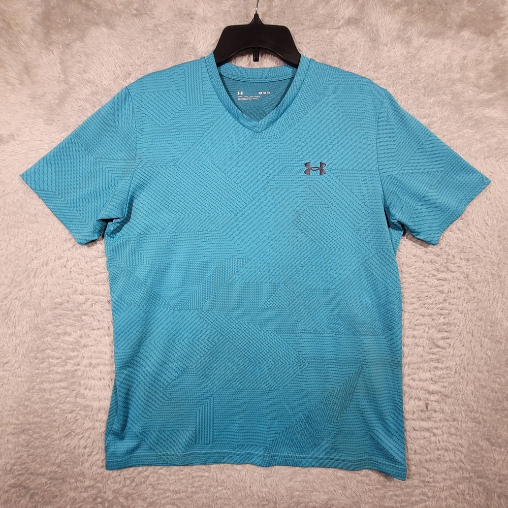 Under Armour V-Neck Shirt Mens Medium Blue Geometric Pattern Loose Fit *